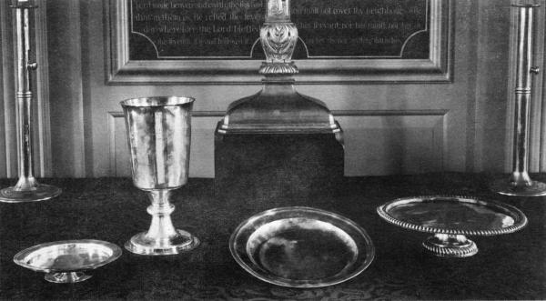 Jamestown Church Communion Service

Chalice and paten given by Governor Francis Moryson, in 1661. Both bearing the inscription: Mix not
holy things with profane. Ex dono Francisco Morrison, Armigeri Anno Domi, 1661.

Large paten at the right given by Sir Edmund Andros, Governor, 1694. Inscribed: In usum Ecclesiae Jacobi-Polis.
Ex dono Dni Edmundi Andros, Equitis, Virginiae Gubernatoris, Anno Dom. MDCXCIV.

Alms basin, London, 1739. Second on the right. Inscription: For the use of James City Parish Church. Given
by the old church at Jamestown in 1758 to Bruton Parish Church.

Courtesy Miss Emily Hall