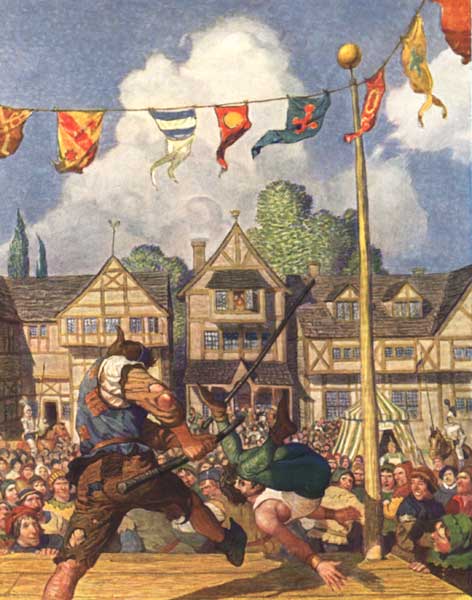 ROBIN HOOD DEFEATS NAT OF NOTTINGHAM AT QUARTER-STAFF

The beggar dealt his foe a back-thrust so neatly, so heartily, and so
swiftly that Nat was swept off the stage into the crowd as a fly off a
table.