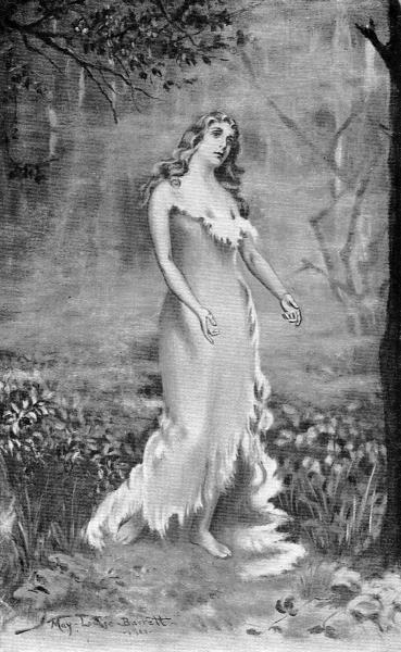 "While within its bright'ning dimness,
With the misty halo 'round her,
Stood a beautiful white maiden"Page 70