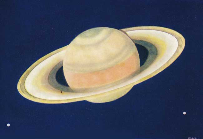 THE PLANET SATURN WITH TWO OF HIS MOONS.