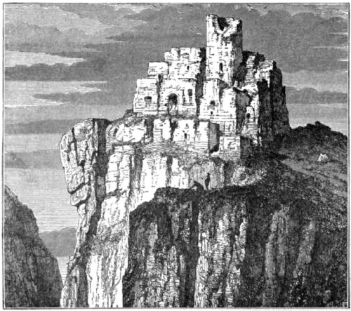 A ruined fortress perched on a cliff