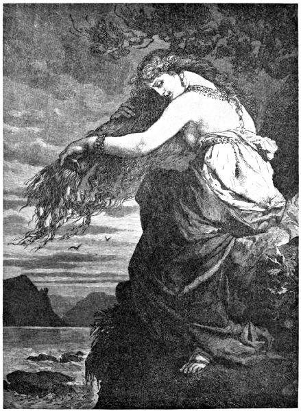 The Lorelei sits on a rock, combing her hair