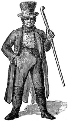 A man, wearing shirt, waistcoat and knee breeches, with greatcoat, long boots and tall hat