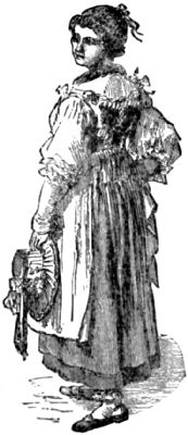 A woman wearing a simple dress, overdress and shoes, carrying a plain bonnet