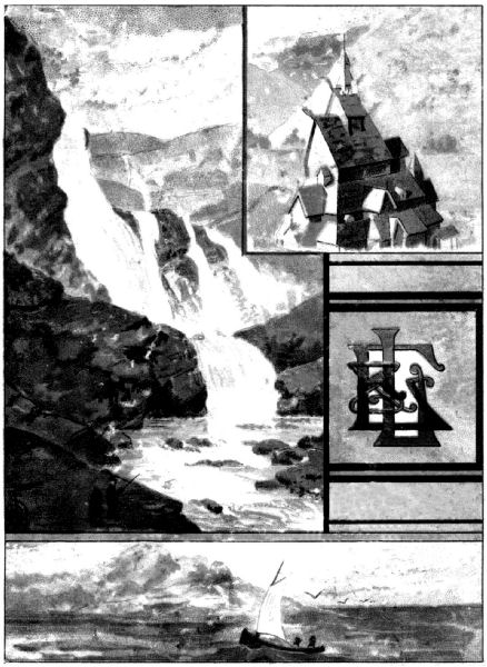 Back cover, showing a waterfall; a house; a small boat at sea; decorative initials