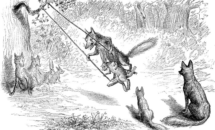 SWINGING "BRER RABBIT."&mdash;Drawn by Palmer Cox.