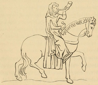 Woman with hunting horn, mounted astride