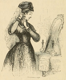 Woman standing in front of a mirror, adjusting her hat and veil