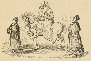 Woman mounted behind a man, with people standing around