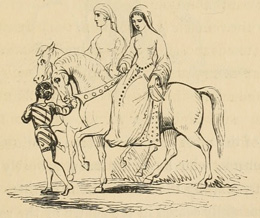 Two women riding side-saddle, led by a boy