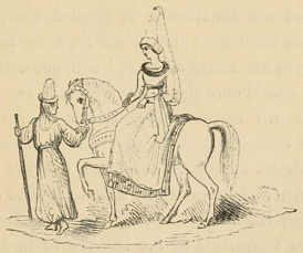 Woman mounted on prancing horse, with man standing in front