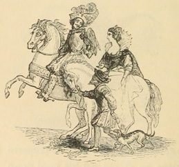 Man and woman riding with a hound at their horses' feet