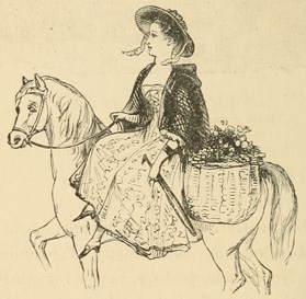 Woman mounted side-saddle with panniers with vegetables behind her