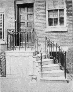 Plate XXXVI.—Doorway and Ironwork, Northeast Corner of
Third and Pine Streets; Stoop with Curved Stairs and Iron Handrail, 316
South Third Street.