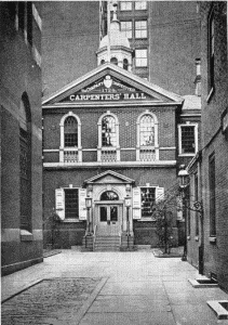Plate LXXXVI.—Carpenter's Hall, off Chestnut Street,
between South Third and South Fourth Streets. Erected in 1770; Old
Market House, Second and Pine Streets.