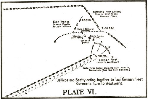 Plate VI. Jellicoe and Beatty acting together to "cap" German Fleet Germans turn to Westward.