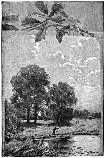 A country scene, with a boy flying a kite