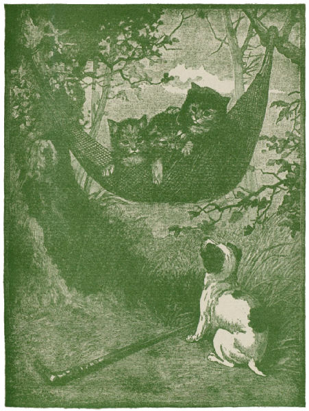 Three kittens in a hammock look down at a puppy