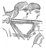Profile of two figures, one pulling a bow