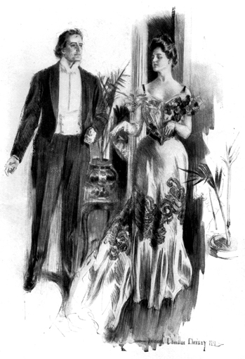 A man and a woman in evening dress stand in conversation