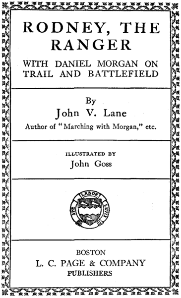 title page: Rodney the Ranger, with Daniel Morgan on the Battlefield, by John V. Lane