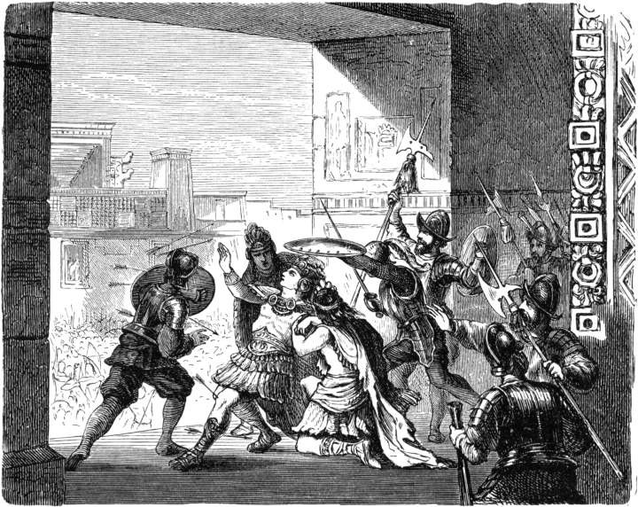 Keizer Montezuma door pijlen en steenen zwaar gewond.