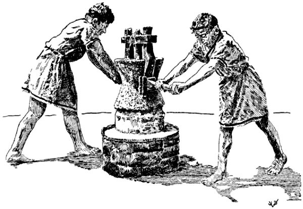 Two slaves push the mill