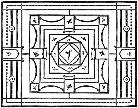 A symmetrical pattern, showing lines, beads and animal figures