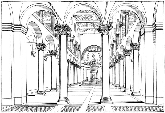 Showing a high-roofed area, surrounded with arches supported on columns