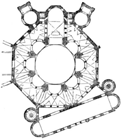 Showing central octagonal structure with other areas built around the edges
