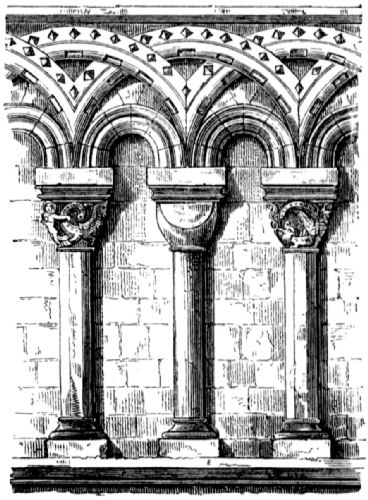 Showing altenate plain and decorated capitals on columns and interwoven arches in relief