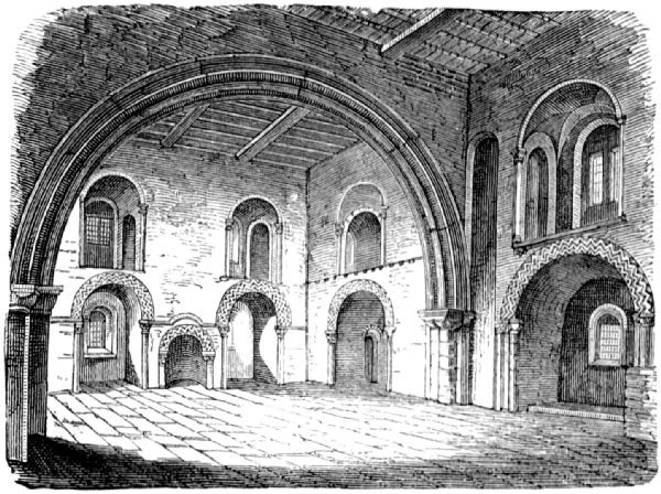 Showing large central arch and wooden ceiling; windows set into smaller arches