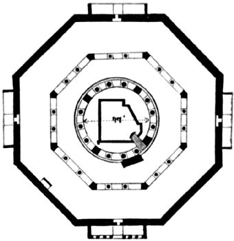 An octagonal building containing centered octagonal and circular divisions