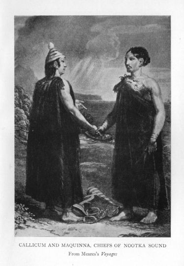 Callicum and Maquinna, Chiefs of Nootka Sound.  From Meares's <I>Voyages</I>.