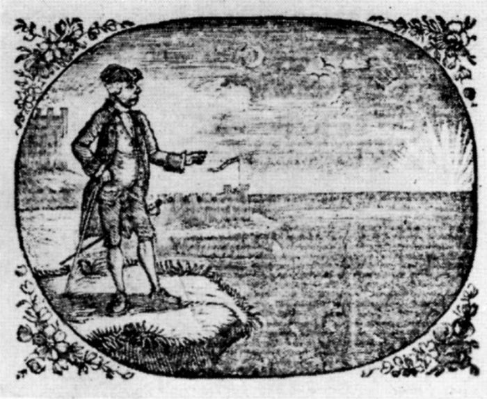 Figure 7.—Wood Engraving by
Thomas Bewick, "The Man and the
Flea," for Fables, by the late Mr. Gay,
1779. (Actual size.) Note how the
closely worked lines of the sky and
water have blurred in printing on laid
paper. The pale vertical streak is
caused by the laid mould.