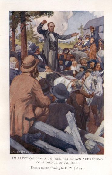 An election campaign--George Brown addressing an audience of farmers.  From a colour drawing by C. W. Jefferys