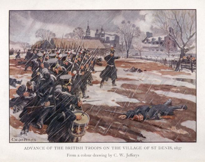 Advance of the British troops on the village of St. Denis, 1837.  From a colour drawing by C. W. Jefferys.