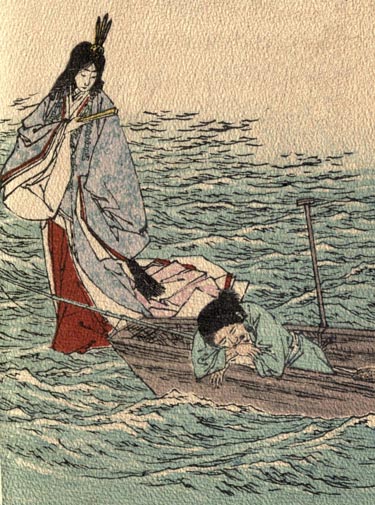 Image of fisherman in a boat with the Dragon Princess appearing on the water.