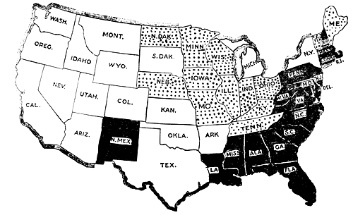 MAP III.

The Suffrage Map when Congress submitted the Federal Amendment June 4,
1919. In the white States women had full suffrage; in the dotted
States Presidential; in Illinois, Nebraska, North Dakota, Tennessee
and Vermont Municipal also; in the first three County besides.