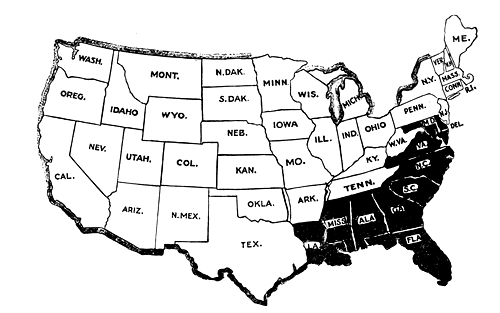 MAP IV.

The Legislatures of all the white States ratified the Federal Woman
Suffrage Amendment; those of the black States rejected it except that
of Florida, whose Governor said it would do so if he called a special
session.