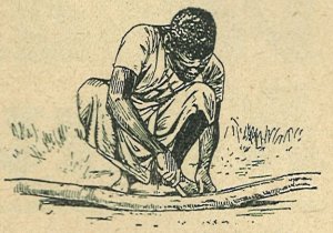 A kunyhóborításra való faháncs hasítása a mai
félvad népeknél.