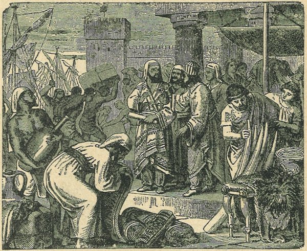 Föniciai kereskedők szövetet, állatprémet,
elefántcsontot árusítanak