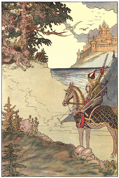 Lyubim raises his sword as the wolf runs towards him