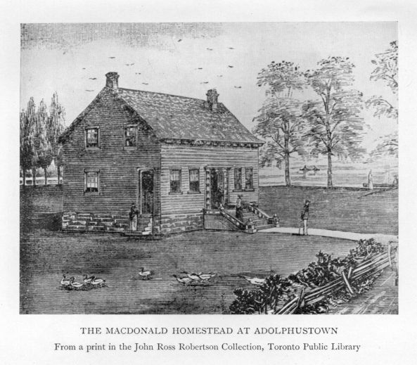 The Macdonald homestead at Adolphustown.  From a print in the John Ross Robertson Collection, Toronto Public Library