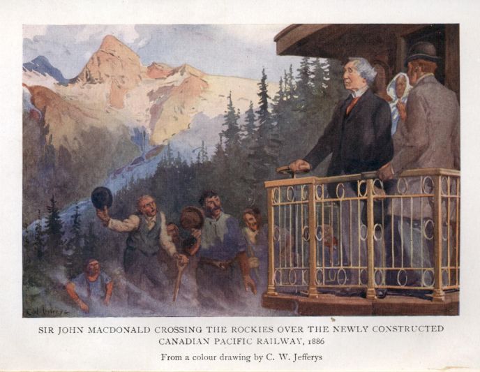 Sir John Macdonald crossing the Rockies over the newly constructed Canadian Pacific Railway, 1886.  From a colour drawing by C. W. Jefferys