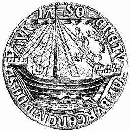 Afbeelding van een Schip met voor en achterplecht, bewaard op een oud zegel van Staveren.