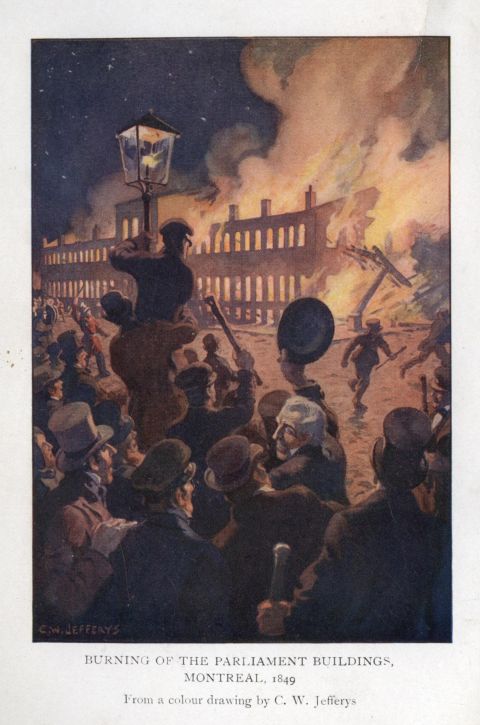 Burning of the Parliament Buildings, Montreal, 1849. From a colour drawing by C. W. Jefferys