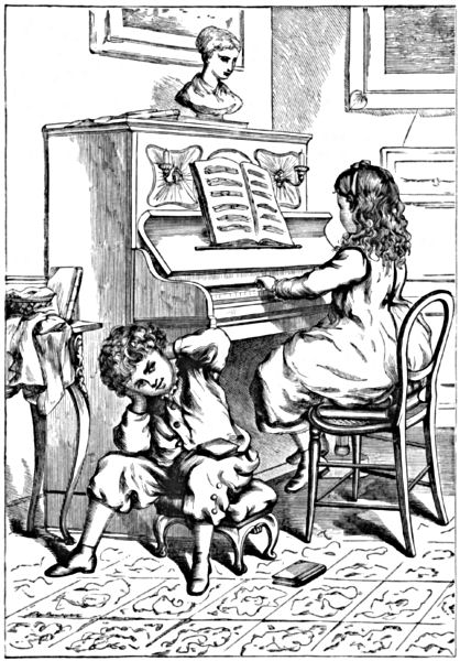 A boy covers his ears while a girl plays the piano