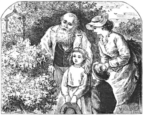 A woman, an elderly man and two children watch butterflies in a garden