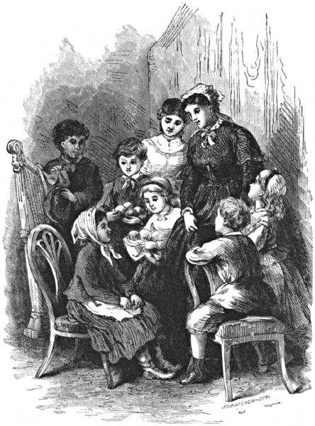 Two women and a group of children offer food to a girl